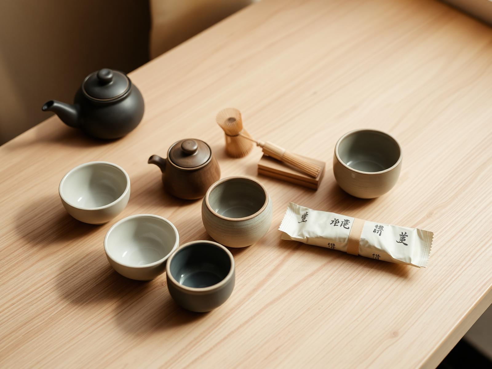 Composition minimaliste japonaise : bols en céramique, théière en fonte, fouet à matcha en bambou